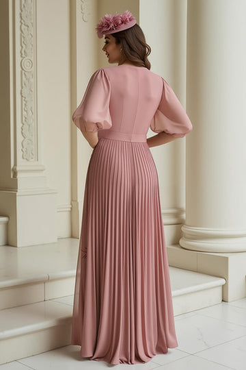 Dusty Rose A-ligne col en V en mousseline de soie longue mère de la mariée robe à volants